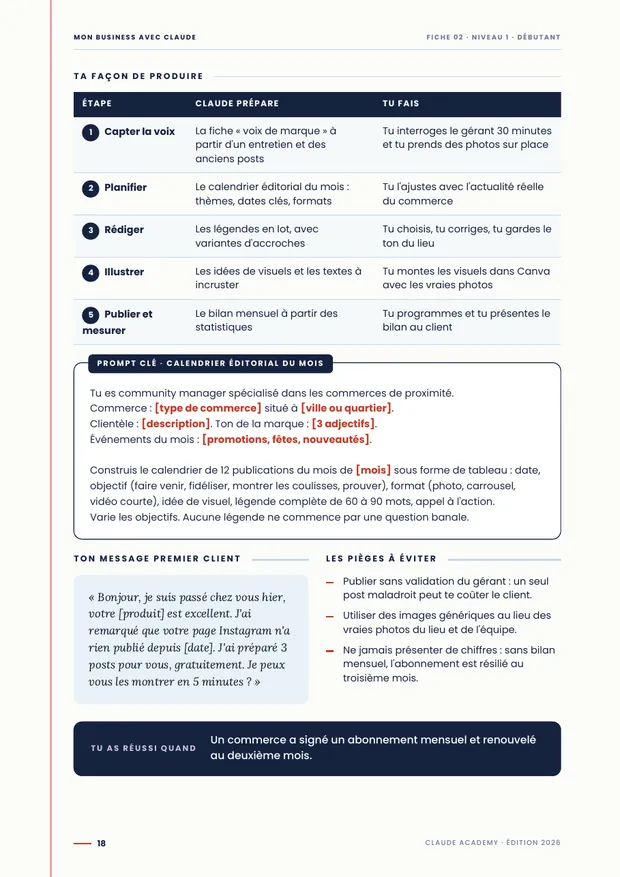 Deuxième page de la fiche 02, avec le prompt clé et le message du premier client